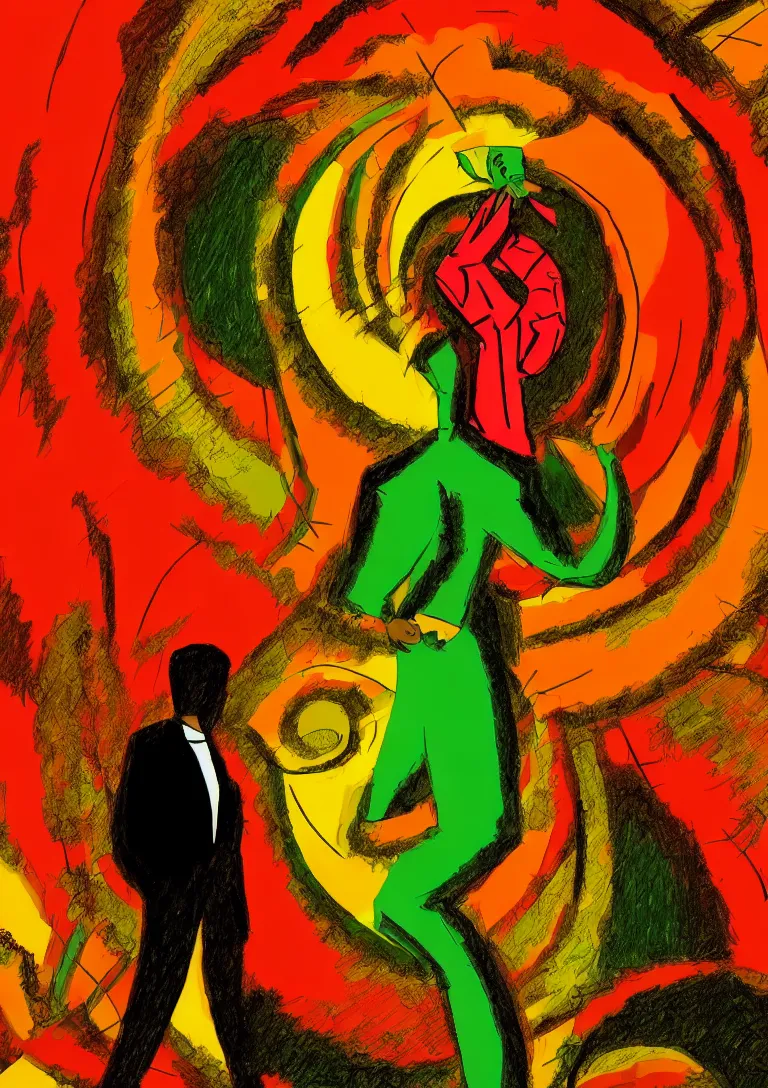 Image similar to Behind the troubled indecisive man was The portal into his imagination containing a swirling vortex of memories and ideas. High concept art. Introspective. Red orange yellow green themed.