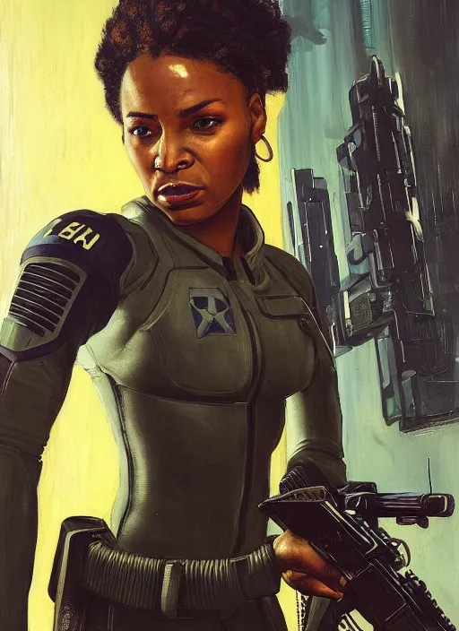 Prompt: Sgt. Maria igwe. Strong cyberpunk female USN marine wearing a military vest and powerful military cyberpunk exo-suit (cyberpunk 2077, bladerunner 2049). gorgeous face. Iranian orientalist portrait by john william waterhouse and Edwin Longsden Long and Theodore Ralli and Nasreddine Dinet, oil on canvas. Cinematic, hyper realism, realistic proportions, dramatic lighting, high detail 4k