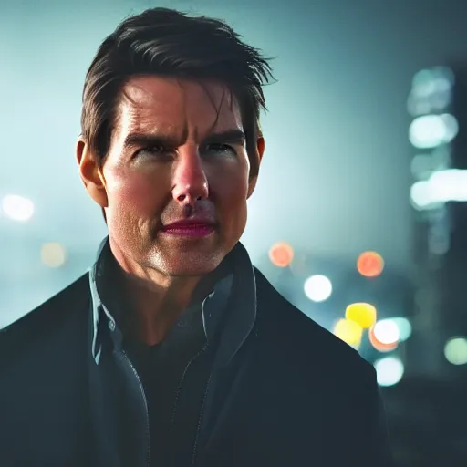 Image similar to a still of Tom Cruise. Shallow depth of field. City at night in background, lights, colors ,studio lighting, mood, 4K. Profession photography