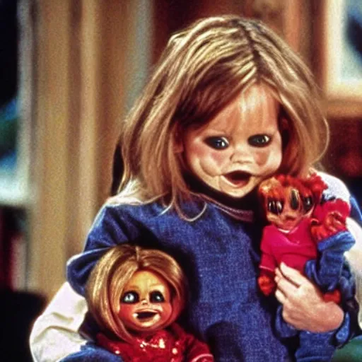 Image similar to the olsen twins from full house holding chucky the evil killer doll from the movie child's play on an episode of full house