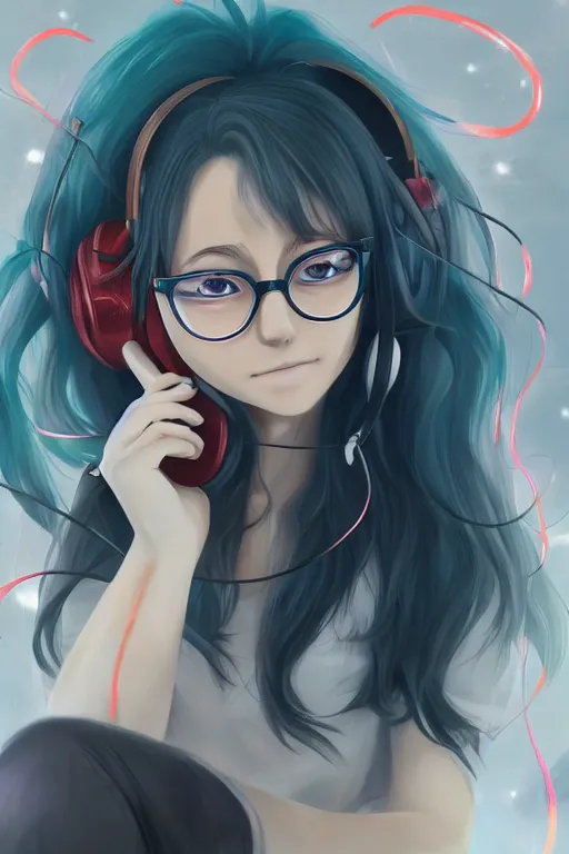 Prompt: portrait of an anime girl with wavy long hair wearing round glasses while listening to music with earphones and studying, aesthetic, wlop, trending on artstation, deviantart, anime key visual, 8 k uhd