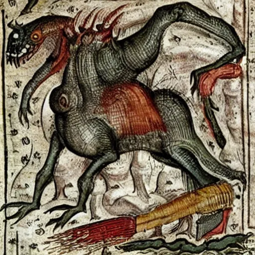 Image similar to medieval bestiary filled with uncanny grotesque beasts and freaky creatures