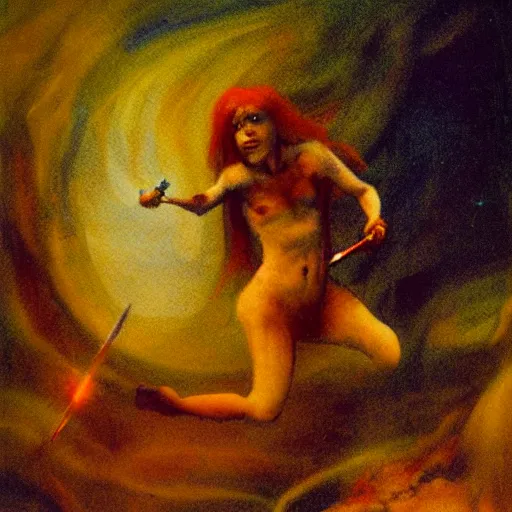 Prompt: impressionistic painting of a red haired neanderthal girl with grey skin holding a small blue spear running through dark underground caves fleeing from humanoid bird monsters, neon yellow glowing mushrooms, in the style of henry fuseli and beksinski