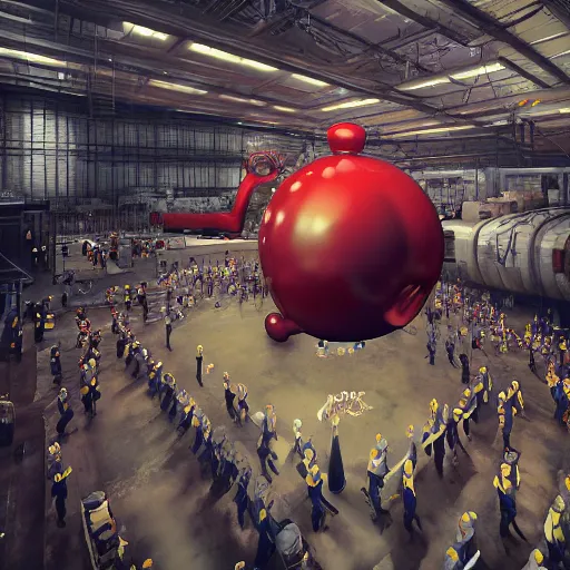 Image similar to a giant mickey mouse head, factory floor, surrounded by factory workers, octane render, cgstation, 3 d render, very detailed, mindblowing, blood and guts, gritty, cyberpunk, cinematic, hyper realism