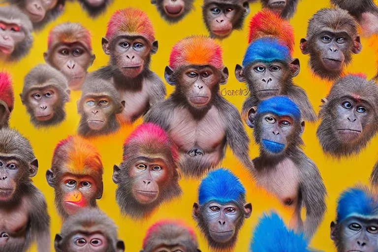 Image similar to Contamporary art fashion photography of ultra mega super hyper realistic detailed group of ultra mega super hyper realistic detailed monkey's in ultra mega super hyper realistic detailed colourful sport suits . Photo shot from 30m distance on ultra mega super hyper Leica Q2 Camera, Rendered by DaVinci Resolve