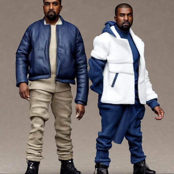 Image similar to a hot toys figure of kanye west using full face - covering cloth. a small, tight, undersized reflective bright blue round puffer jacket made of nylon. a black shirt underneath. dark jeans pants. a pair of big black rubber boots, figurine, detailed product photo