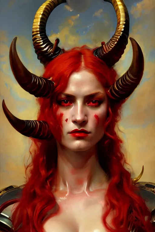 Image similar to painted close - up portrait of a very attractive red - skinned intimidating demon i robot girl with ram horns! oil painting, wearing a noblewoman's outfit, fantasy art by john singer sargent and gaston bussiere and james jean and greg rutkowski, demon noble character design, hd