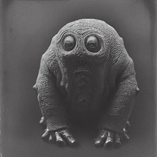 Image similar to tardigrade!!! daguerreotype portrait photograph. inspired by gerard grom and ansel adams and zdzislaw beksinski. highly detailed. old timey.