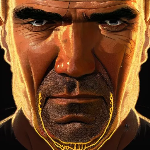 Image similar to trevor philips face made of noodles, highly detailed, digital painting, artstation, concept art, smooth, sharp focus, illustration, art by artgerm and greg rutkowski and alphonse mucha