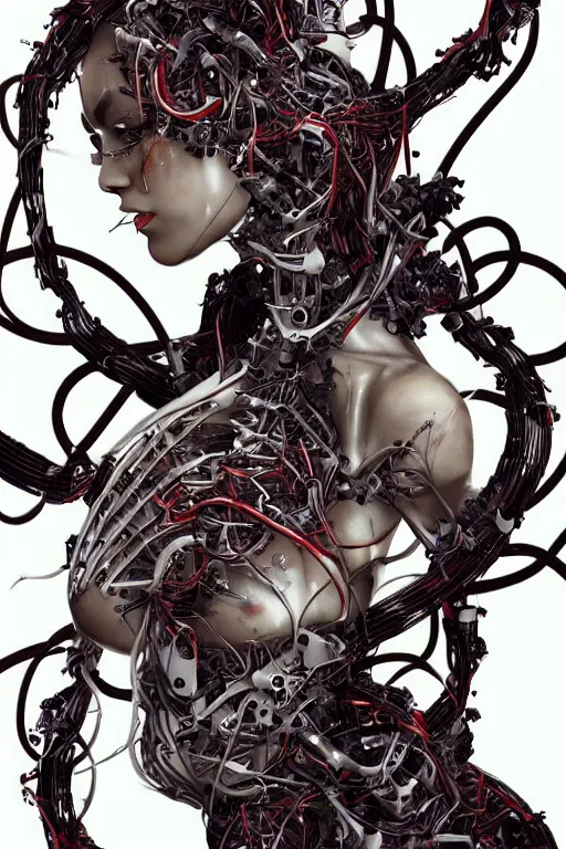 Prompt: gorgeous biomechanical cyborg women being torn apart by vines, by dang my linh