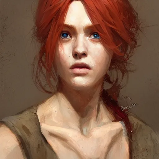 Prompt: a rustic woman wearing a silk dress, detailed face, redhead, by greg rutkowski, mandy jurgens