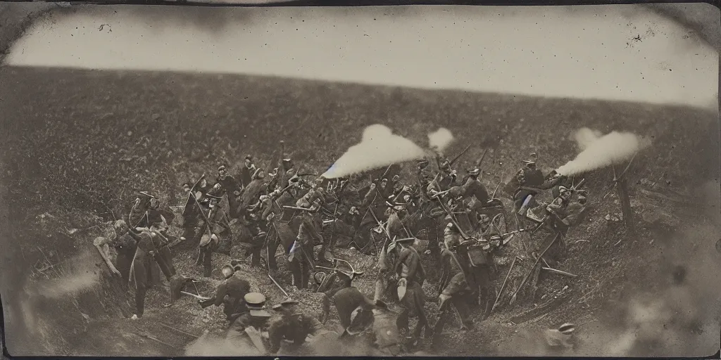 Image similar to american civil war trench battle, shots fired, gatling gun, puffs of smoke, many visible trenches, aerial view, 1865 tintype photograph