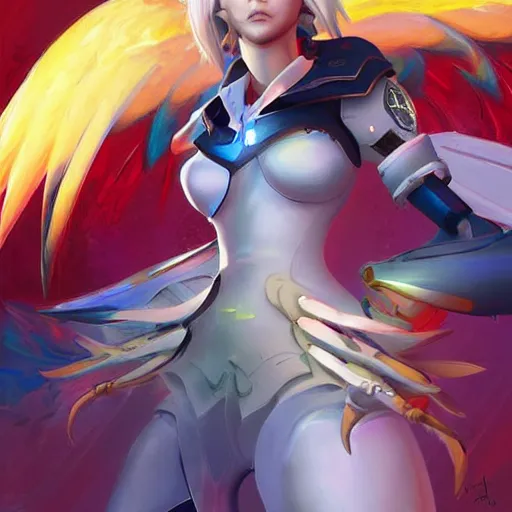 Image similar to mercy ( overwatch ), digital art by android jones and mad dog jones