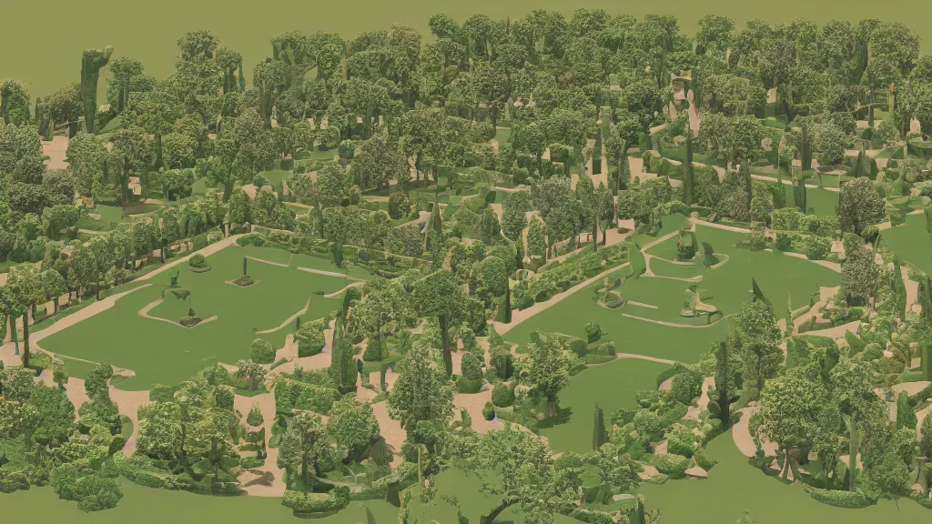 Prompt: versailles garden in an early 3 d low polygon style