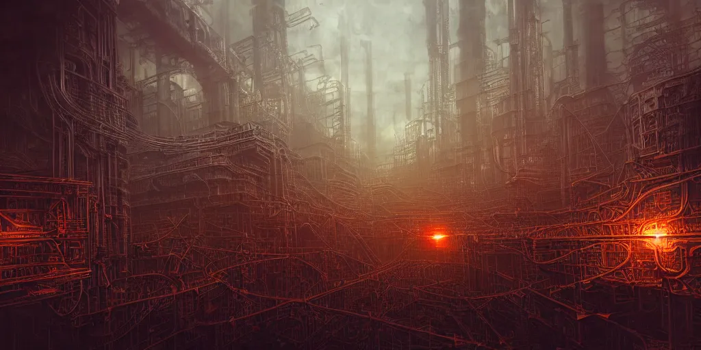 Prompt: futuristic dystopian endless, intricate, complex, labyrinthine, byzantine, tangled, industrial megafactory complex, smokestacks, pipelines and ducts and vents, science fiction landscape painting, steampunk, smoke, night, gloomy, dark, dramatic, cinematic, volumetric lighting, gods eye view