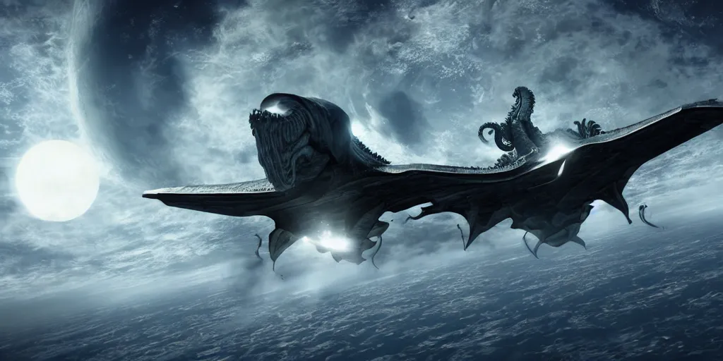 Image similar to giant Cthulhu silhouetted on top of jetfighter spaceship, photorealistic, wide-angle, long shot, epic, space, lunar backdrop