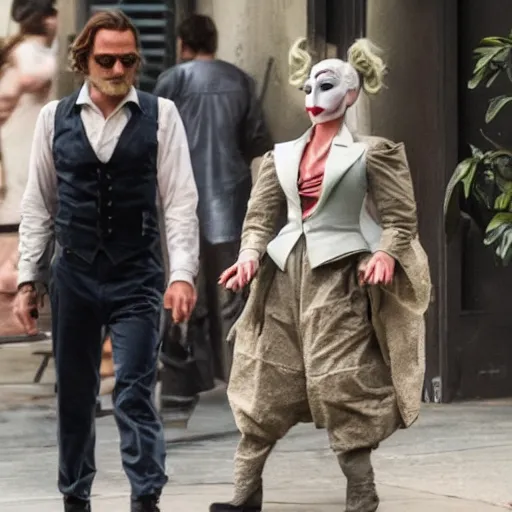 Image similar to ultra realistic stealth candid photograph from joaquin phoenix with lady gaga in new joker movie footage's, intricate details, photorealistic