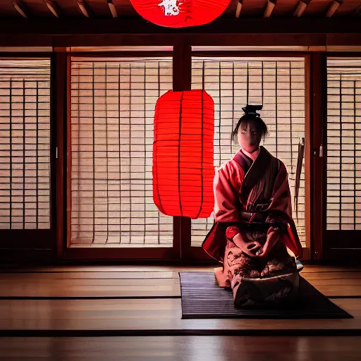 Image similar to a beautiful photograph of a samurai sitting on a wooden dojo floor with red paper lanterns hanging on the ceiling and the walls, trending on artstation, high detail, high quality, 8k, 4k, dramatic lighting, perfect composition