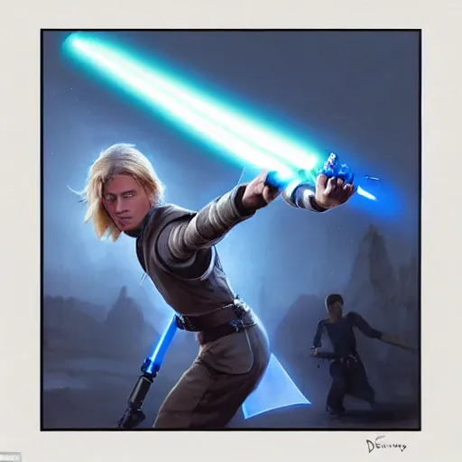 Image similar to Over-the-Shoulder Shot !dream full body Over-the-Shoulder Shot of a young blonde male jedi with short hair with his blue lightsaber is ignited illuminating him and the scene, concept art by Doug Chiang cinematic concept art, realistic painting, high definition, digital art, matte painting, symmetrical, very detailed, realistic, dramatic lighting, cinematic, establishing shot, extremely high detail, photo realistic, cinematic lighting, post processed, concept art, artstation, matte painting, red color scheme, the Mandalorian concept art style