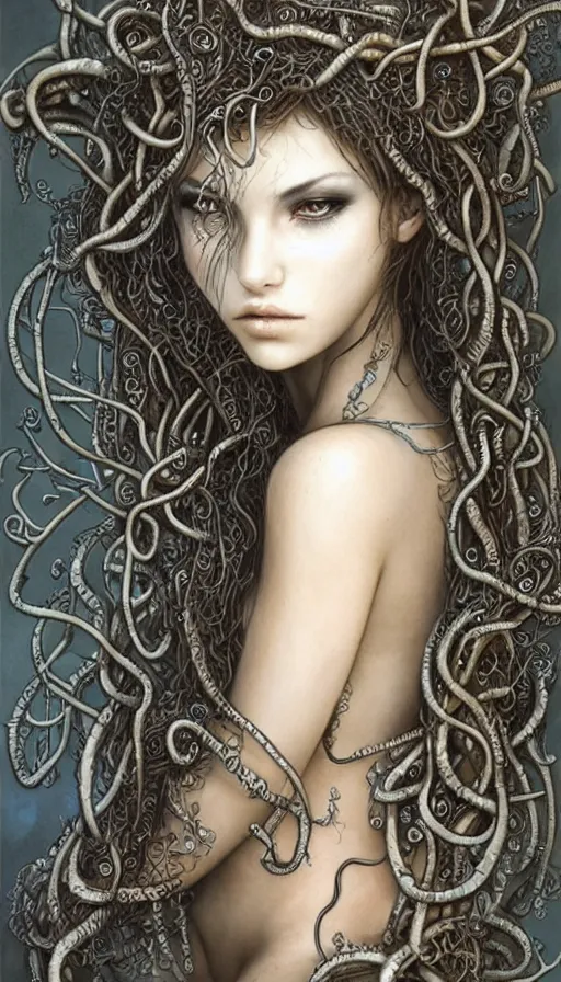 Prompt: very detailed portrait of a 2 0 years old girl surrounded by tentacles, the youg woman visage is blooming from fractal and vines, by luis royo,