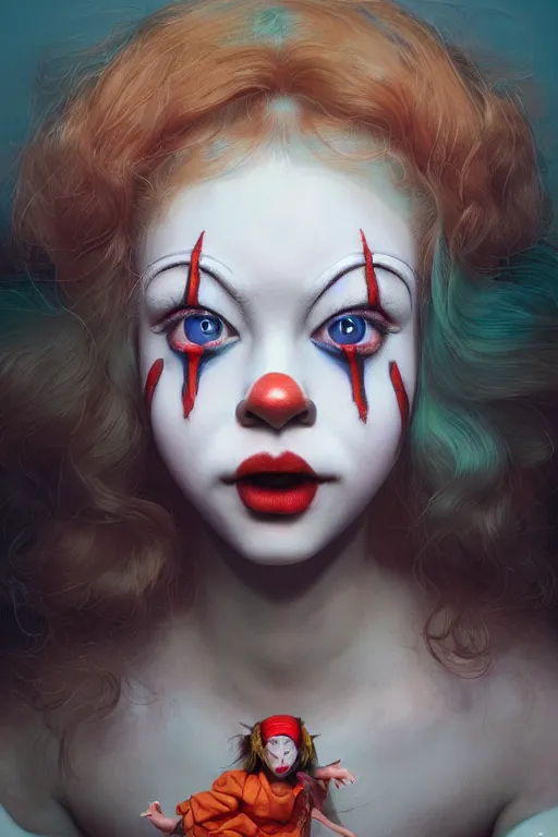 Image similar to breathtaking detailed painting of clown girl , with anxious, piercing eyes, Atari game cover art by Hsiao-Ron Cheng, James jean, Miho Hirano, Hayao Miyazaki, extremely moody lighting, hyperrealistic, octane render, RPG portrait, ambient light, dynamic lighting