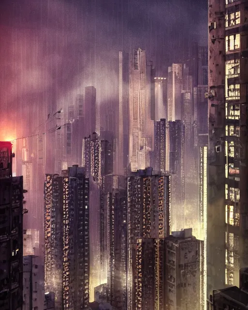 Prompt: poor buildings, hong kong buildings, kowloon, slums, night, cyberpunk, fog, rain, dramatic lighting, depressing, dystopia, trending on Artstation, 8k, highly realistic, hyper detailed, unreal engine 5, IMAX quality, realistic, cinematic, epic lighting, realistic, Matte Painting, masterpiece,