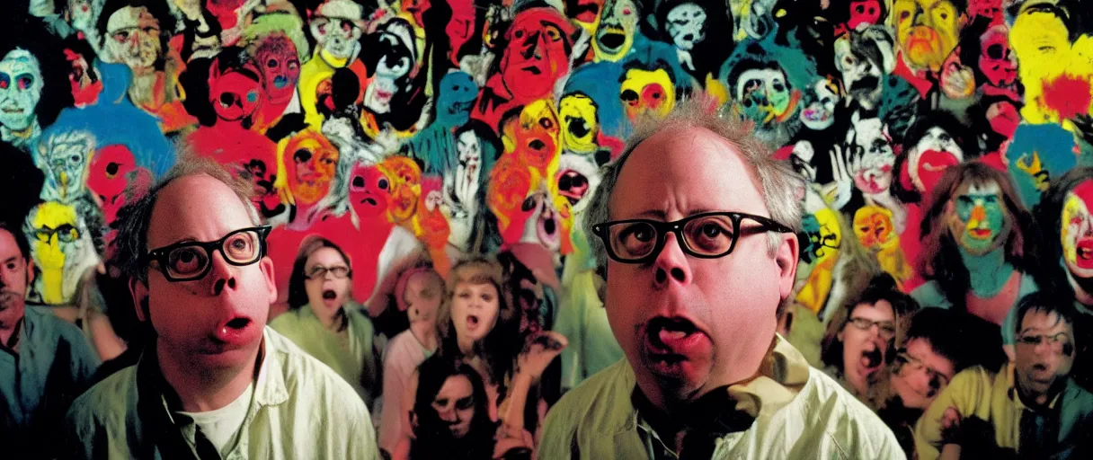 Image similar to award winning photo of todd solondz playing running scared, angry crowd, vivid colors, happy, symmetrical face, beautiful eyes, studio lighting, wide shot art by sally mann & arnold newman, francis bacon, ewa juszkiewicz, jenny saville, yayoi kusama, ai weiwei and gregory crewdson