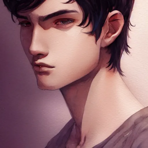 Prompt: teen boy, young, black hair, short hair, georgeus, elegant, intricate, sharp focus, highly detailed, artstation, watercolor, by charlie bowater and ross tran