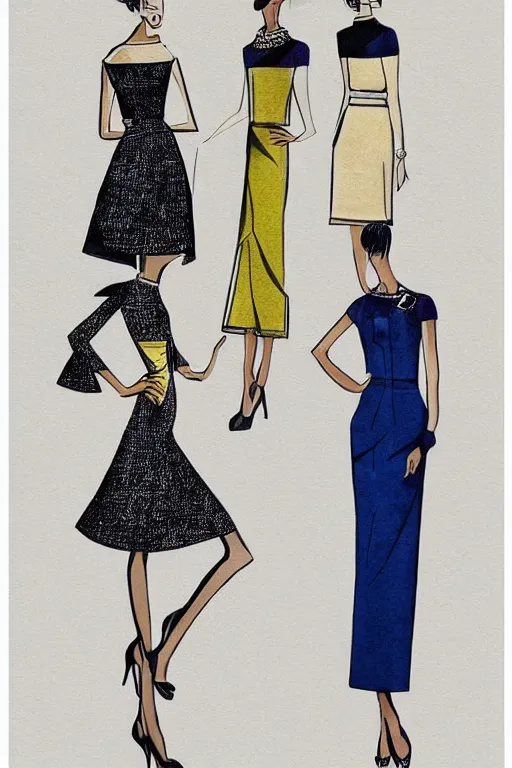 Image similar to a detailed high fashion illustration of a mid century outfit