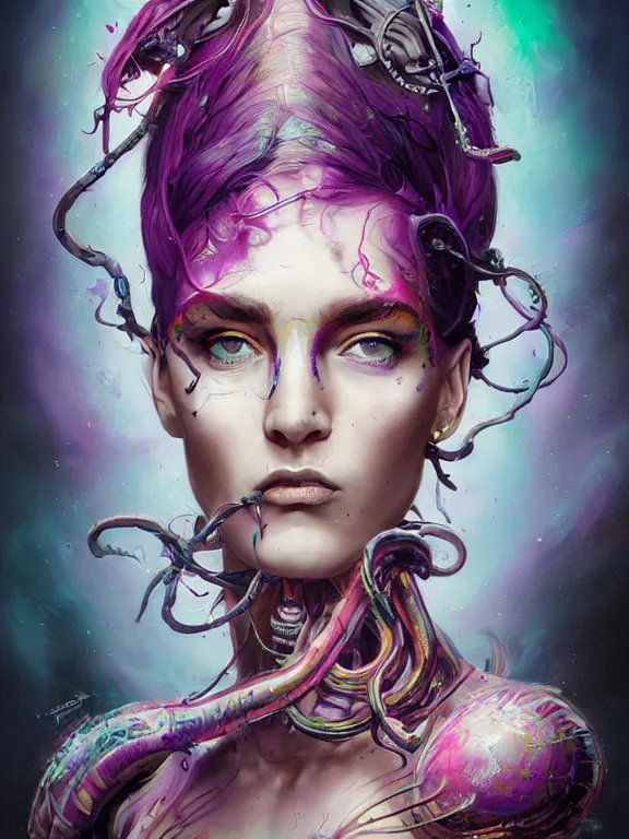 Image similar to art portrait of a furious girl with purple tentacles on her head,8k,by tristan eaton, Stanley Artgermm,Tom Bagshaw,Greg Rutkowski,Carne Griffiths,trending on DeviantArt,face enhance,hyper detailed,minimalist,cybernetic, ,full of colour