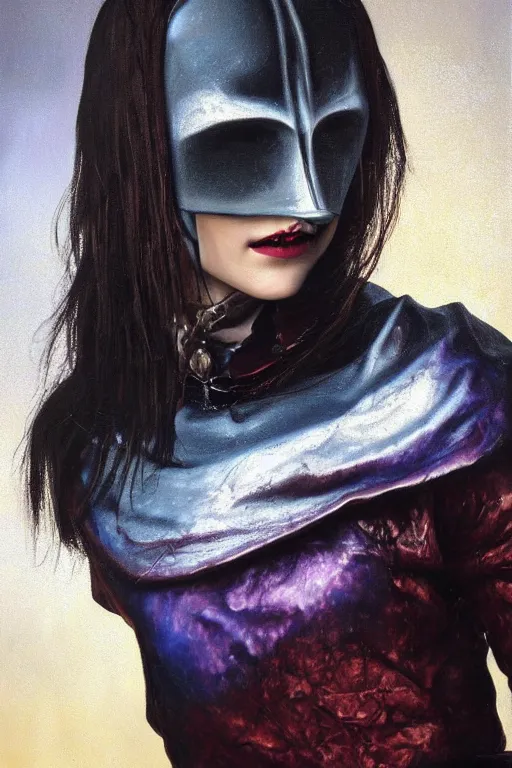 Image similar to hyperrealism oil painting, close - up portrait of european medieval brunette vampire fashion model, knight, steel gradient mixed with nebula sky, in style of baroque