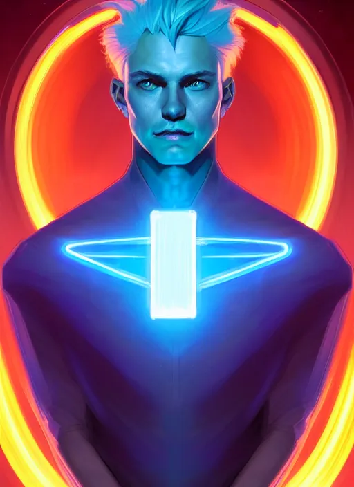 Image similar to symmetry!! portrait of man with blue flaming hair, sci - fi, glowing lights!! intricate, elegant, highly detailed, digital painting, artstation, concept art, smooth, sharp focus, illustration, art by artgerm and greg rutkowski and alphonse mucha,