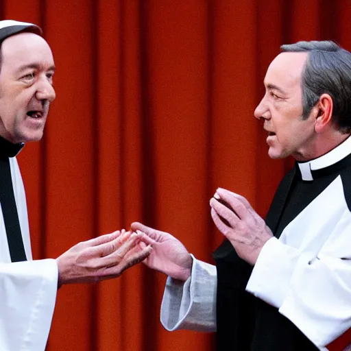 Image similar to kevin spacey dressed up as a catholic priest, giving out communion to a small old woman,