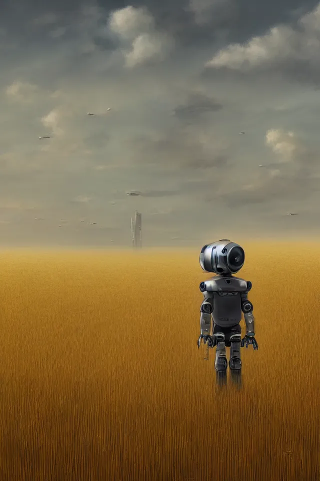 Prompt: realistic photo of the back view of one robotic kid on the ground, vast wheat fields, many distant tall buildings far away, by christopher balaskas, godrays, atmospheric, cinematic, distant world, wide angle, detailed