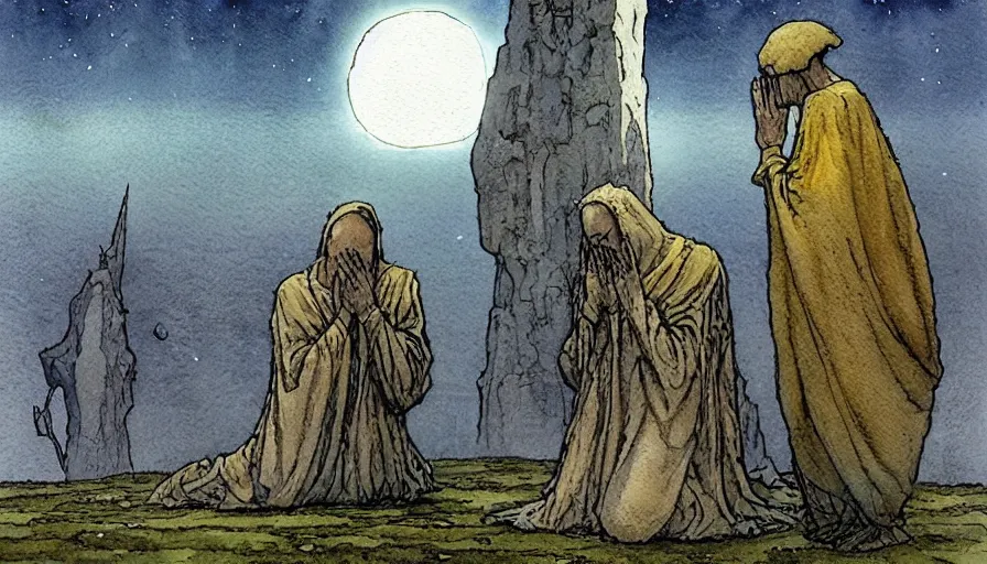 Prompt: a realistic and atmospheric watercolour fantasy concept art of a golden ufo landing in stonehenge. a giant medieval monk in grey robes on his knees praying. a sliver of moon in the sky. muted colors. by rebecca guay, michael kaluta, charles vess and jean moebius giraud