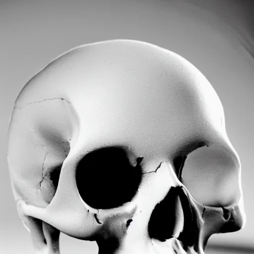 Image similar to a tiny, pristine white human Skull, plain black background, close-up macro photography, bokeh, shallow focus