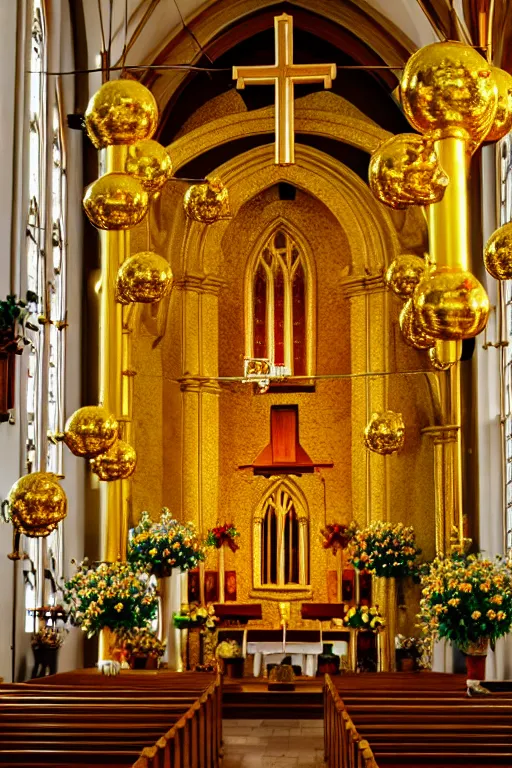 Image similar to photo inside a church full of flowers, golden ornaments highly detailed