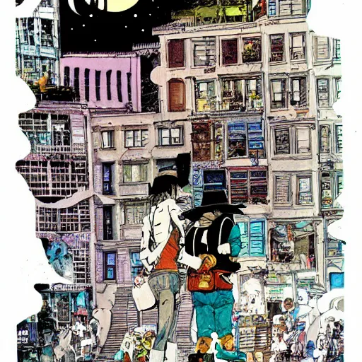 Image similar to full moon, figurines, travel!! tilt shift, style of will eisner and shuzo oshimi, full of color, on white, smooth, thin sharp lines, detailed