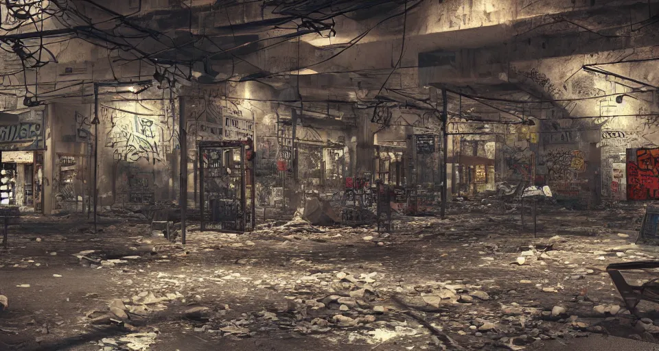 Image similar to photo realistic!! a rundown mall interior with hanging wires and graffiti, very detailed, dramatic lighting, various rubble is on the ground, slightly smokey, artstation, unreal engine