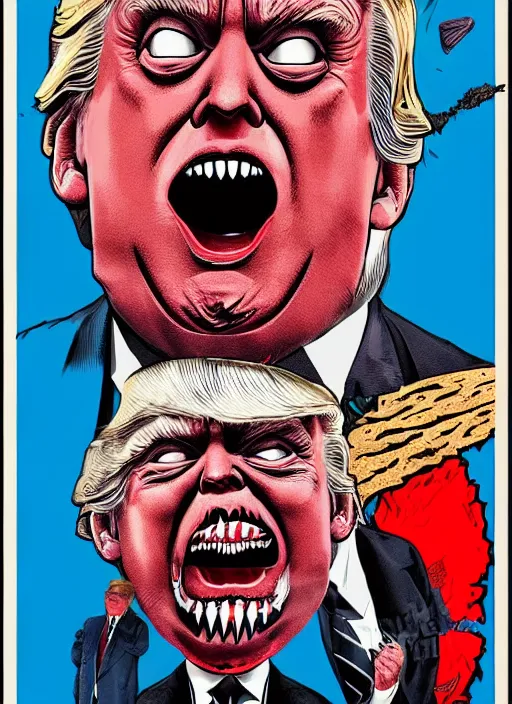 Prompt: Donald Trump as a disgusting monster on a 1980s horror movie poster , vintage 80s print, detailed, scary, horror, screen print, trending on artstation