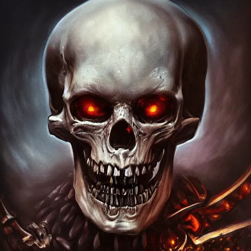 Image similar to a hyper realistic oil painting of a necromancer from diablo, dark fantasy, horror, crypt, skeleton army, retro fantasy,