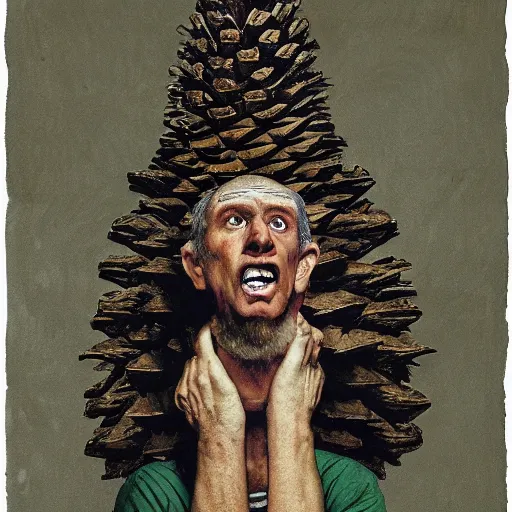 Prompt: pine cone headed man with hard black eyes very surprised, rule of thirds, super sharp, 4 k, ultra detailed, norman rockwell, richard corben.