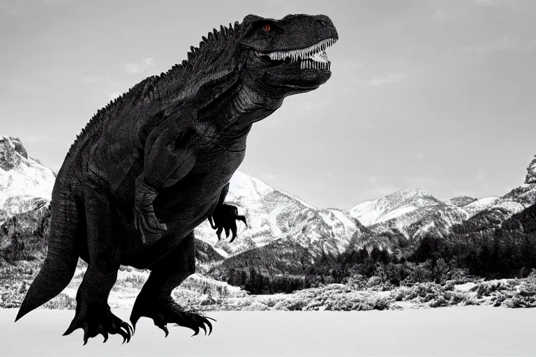 Image similar to tyrannosaurus rex large theropod dinosaur standing inside a valley, snowy peaks, in the style of ansel adams, black and white, old, master photography