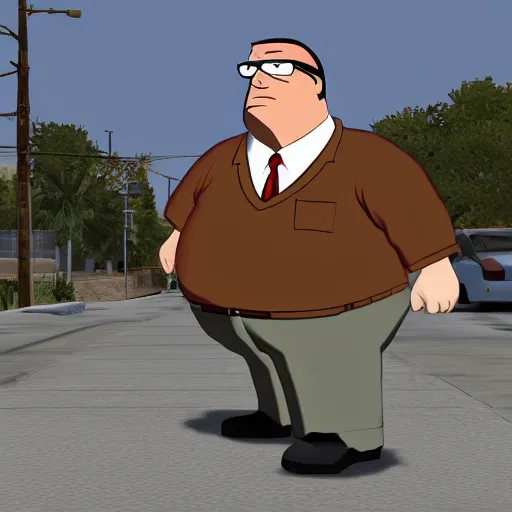 Prompt: gta sa ingame screenshot, mod where you play as peter griffin, ( peter griffin is a fat man with white shirt, brown pants, and wears glasses ), 4 k screenshot