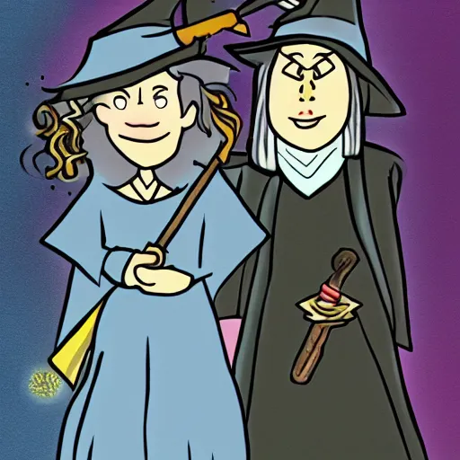 Image similar to a wizard and a witch, in the style of steven rhodes