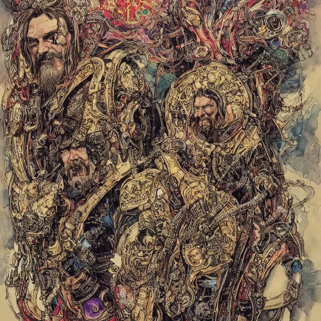 Image similar to A dramatic full-color art nouveau and tribal viking styled bust panorama portrait of lemmy kilmister as a spacepunk god-king of the universe, hyperdetailed mixed media artwork combining the styles of Travis Charest, Michael Whelan, Bill Sienkiewicz, Duncan Fegredo, Simon Bisley, Alphons Mucha, Dave McKean and Karol Bak, vast power, stoicism, pessimism, confident shaded eyes, tarnished and rusted metal, wrought iron architecture, perfectly symmetrical facial features, 8k, deeply hyperdetailed, cinematic lighting, realistic mechanical details, 8k, UHD, HDR