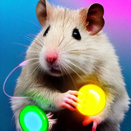 Image similar to cyberpunk hamster! holding rainbow! gem! crystal, neon lights, light reflection, 8 k, hd