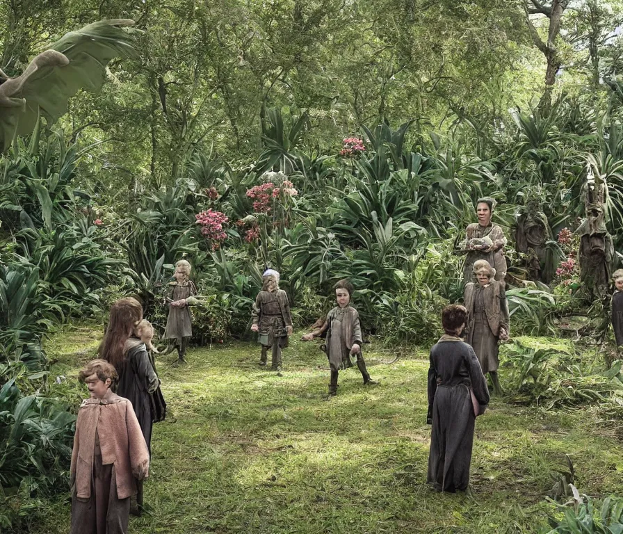 Image similar to sharp, highly detailed, 435456k film, 1612800mm film still from a sci fi blockbuster color movie made in 2019, set in 1860, of a family standing in a park, next to some strange alien plants and flowers, on an alien planet, the family are all wearing 1860s era clothes, good lighting, good photography, ultra high definition, in focus, 35mm macro lens