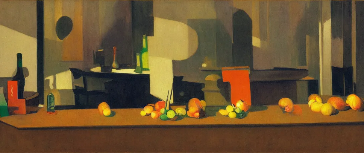 Prompt: bowls, bottles, cans and fruits on the corner table in a modern living room at night, cold lighting, by Edward Hopper