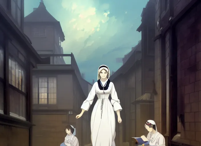 Prompt: london 1 8 5 3, 3 3 year old florence nightingale, running a women's hospital in victorian london, improving the working conditions as well as patient care, finely detailed perfect art, gapmoe yandere grimdark, trending on pixiv fanbox, painted by greg rutkowski makoto shinkai takashi takeuchi studio ghibli